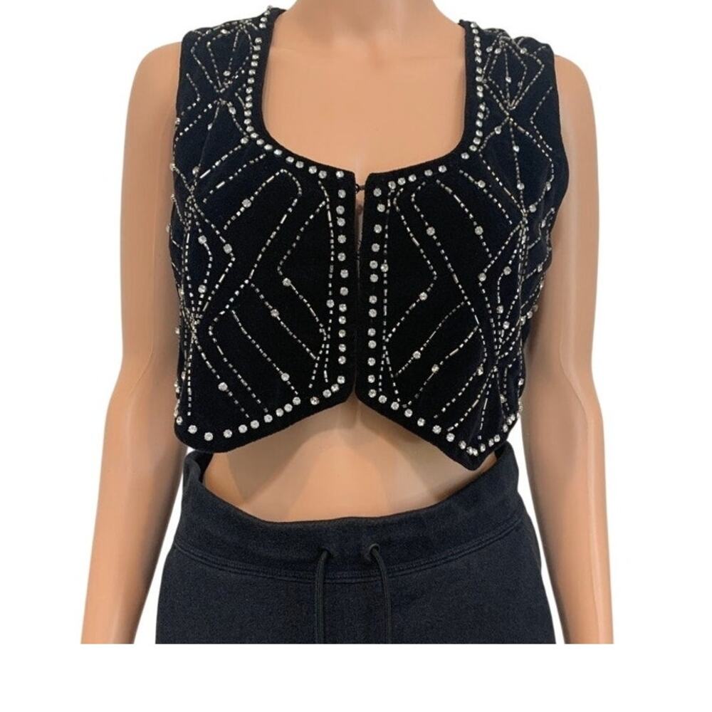 Zara XS velvet rhinestone studded beaded crop top vest TS 3374